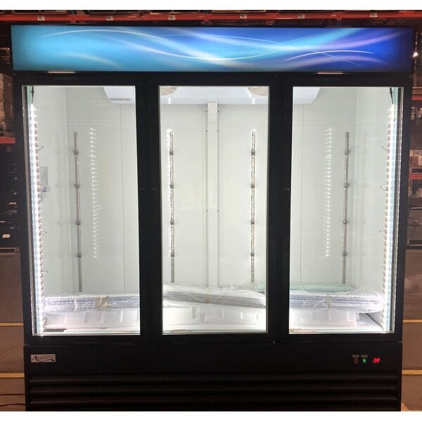 Scratch and Dent Avantco GDC-69-HC 78 1/4" Black Swing Glass Door Merchandiser Refrigerator with LED Lighting