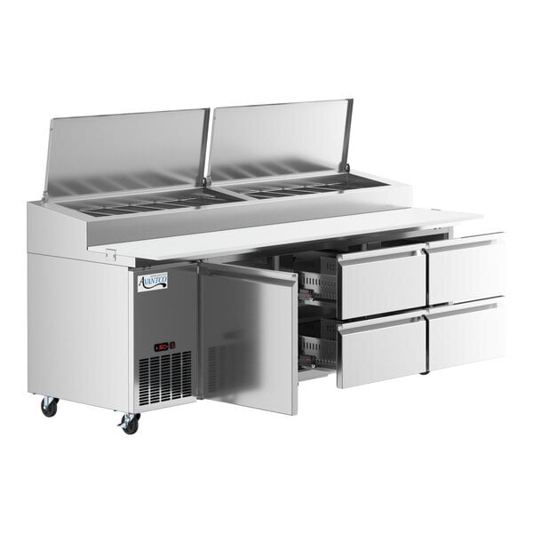 Scratch and Dent Avantco SSPPT-3G 94" 1 Door Refrigerated Pizza Prep Table with 4 Drawers