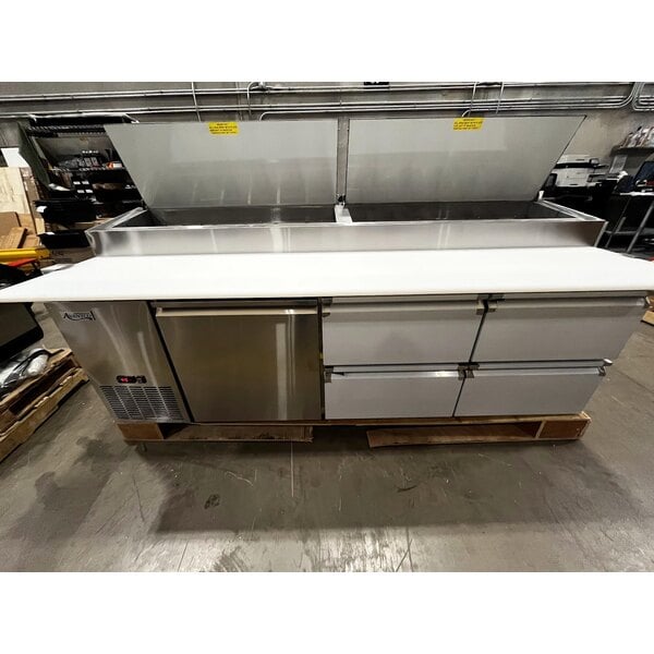 Scratch and Dent Avantco SSPPT-3G 94" 1 Door Refrigerated Pizza Prep Table with 4 Drawers