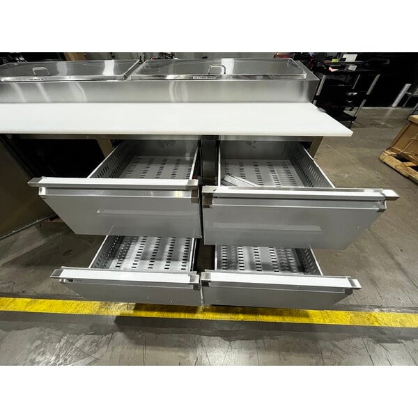Scratch and Dent Avantco SSPPT-3G 94" 1 Door Refrigerated Pizza Prep Table with 4 Drawers