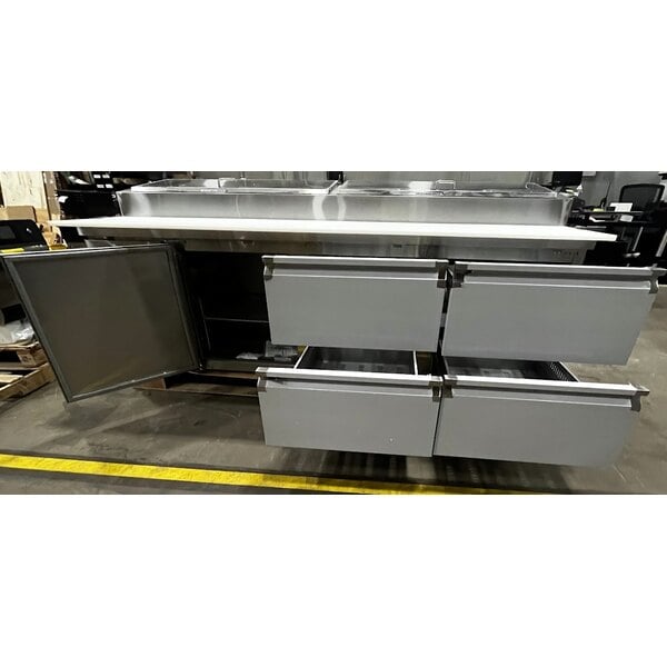 Scratch and Dent Avantco SSPPT-3G 94" 1 Door Refrigerated Pizza Prep Table with 4 Drawers