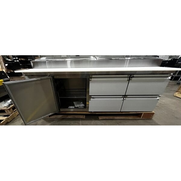 Scratch and Dent Avantco SSPPT-3G 94" 1 Door Refrigerated Pizza Prep Table with 4 Drawers