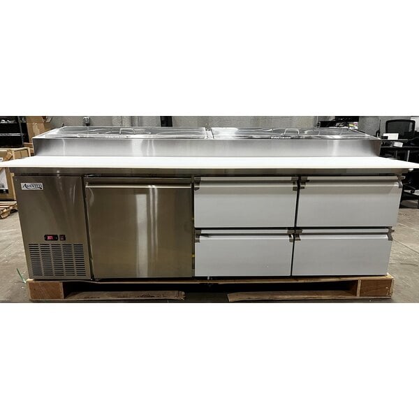 Scratch and Dent Avantco SSPPT-3G 94" 1 Door Refrigerated Pizza Prep Table with 4 Drawers