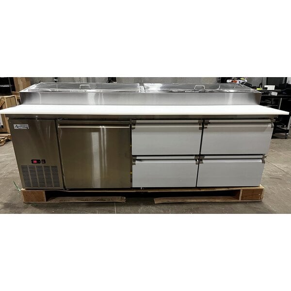 Scratch and Dent Avantco SSPPT-3G 94" 1 Door Refrigerated Pizza Prep Table with 4 Drawers