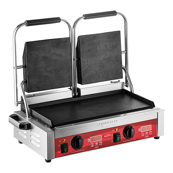 Scratch and Dent Avantco PG400ST Commercial Dual Panini Sandwich Grill with Timer, Smooth Plates, and 19 5/8" x 9 1/8" Cooking Surface - 120V, 3500W