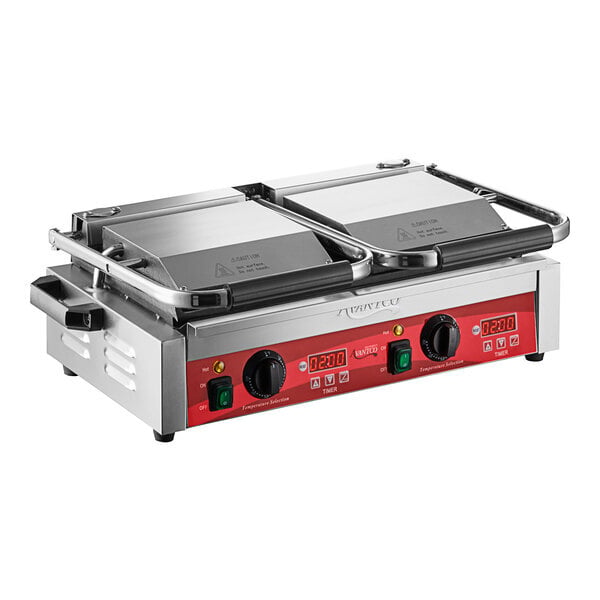 Scratch and Dent Avantco PG400ST Commercial Dual Panini Sandwich Grill with Timer, Smooth Plates, and 19 5/8" x 9 1/8" Cooking Surface - 120V, 3500W