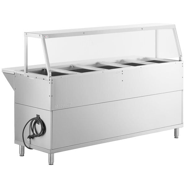 Scratch and Dent ServIt Five Pan Open Well Electric Steam Table with Partially Enclosed Base and Angled Sneeze Guard - 208/240V, 3750W
