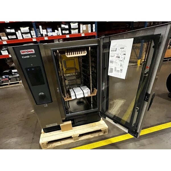 Scratch and Dent Rational iCombi Classic 10 Pan Half-Size Electric Combi Oven with Stand and Ventless Condensation Hood - 18.9kW