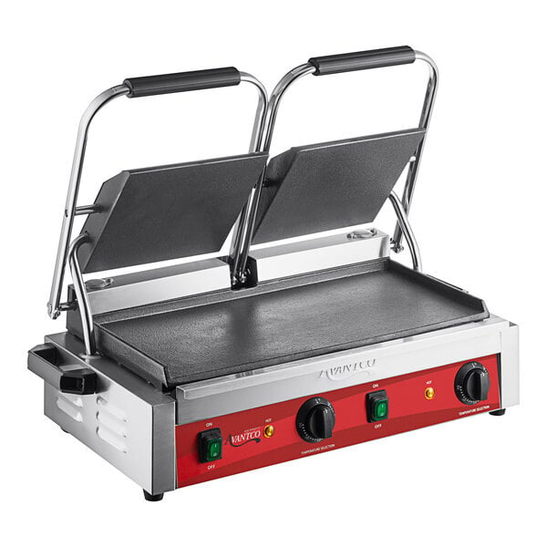 Scratch and Dent Avantco PG400S Commercial Dual Panini Sandwich Grill with Smooth Plates and 19 5/8" x 9 1/8" Cooking Surface - 120V, 3500W