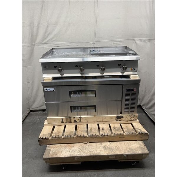 Scratch and Dent Cooking Performance Group G48T 48" Gas Countertop Griddle with Thermostatic Controls and 48", 2 Drawer Refrigerated Base - 120,000 BTU