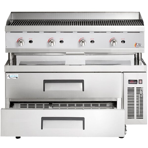 Scratch and Dent Cooking Performance Group CBR48 48" Gas Countertop Radiant Charbroiler and 48", 2 Drawer Refrigerated Chef Base - 160,000 BTU