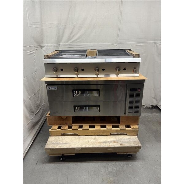 Scratch and Dent Cooking Performance Group CBR48 48" Gas Countertop Radiant Charbroiler and 48", 2 Drawer Refrigerated Chef Base - 160,000 BTU