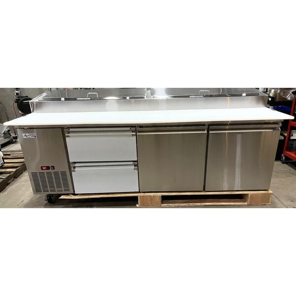 Scratch and Dent Avantco SSPPT-3I 94" 2 Door Refrigerated Pizza Prep Table with 2 Drawers