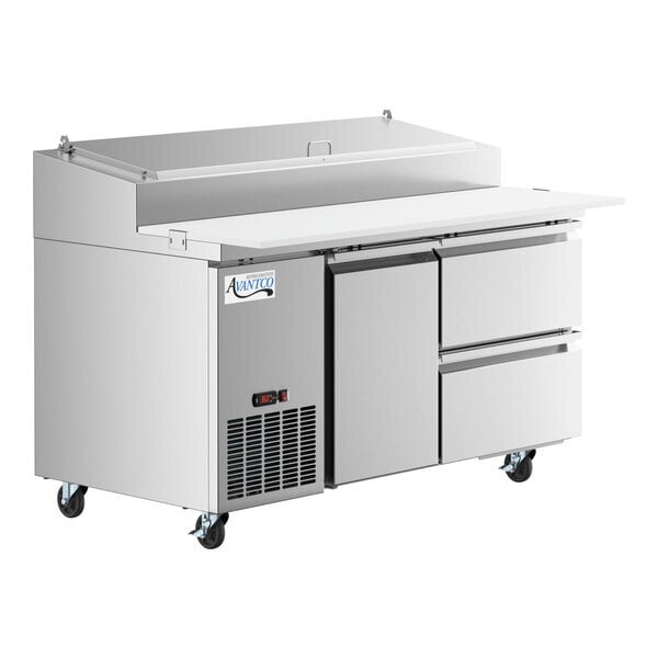 Scratch and Dent Avantco SSPPT-260B 60" 1 Door Refrigerated Pizza Prep Table with 2 Drawers