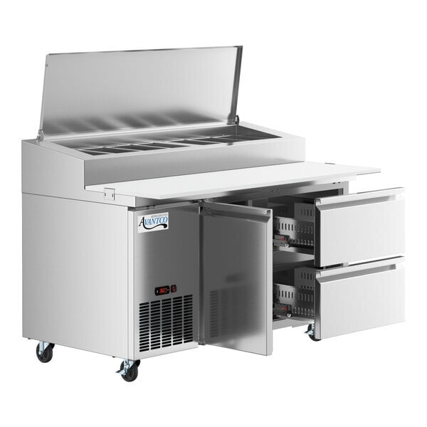 Scratch and Dent Avantco SSPPT-260B 60" 1 Door Refrigerated Pizza Prep Table with 2 Drawers