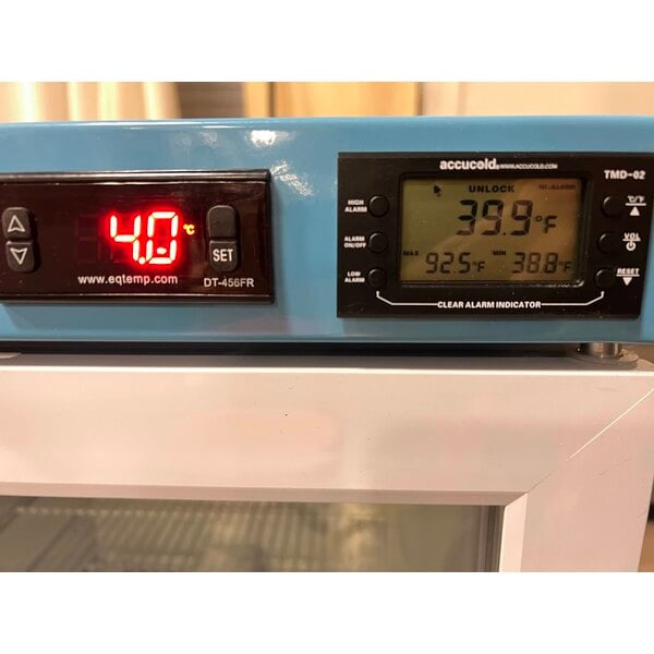 Scratch and Dent Summit Appliance ACR32G EQTemp ACR Series 3.17 Cu. Ft. White / Blue Compact Glass Door Reach-In Medical Refrigerator - 115V