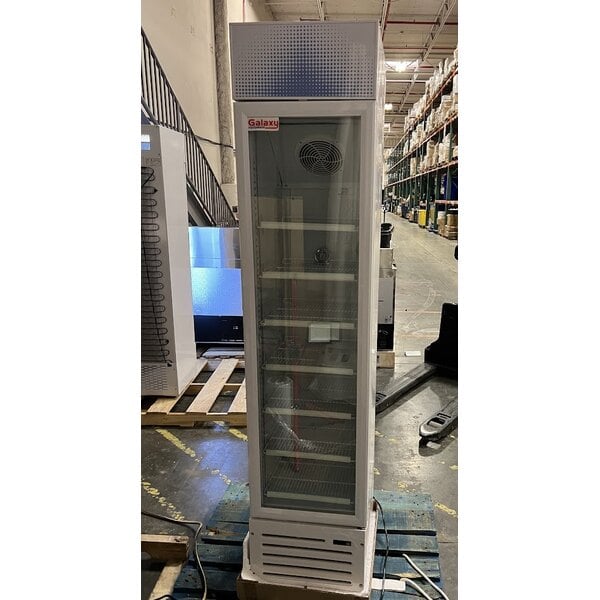 Scratch and Dent Galaxy GDN-5 16 9/16" White Swing Glass Door Merchandiser Refrigerator with Red, White, and Blue LED Lighting