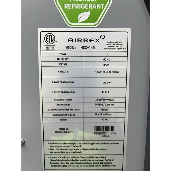 Scratch and Dent Airrex 1.2 Ton Portable Air-Cooled Air Conditioner HSC-14R - 13,600 BTU, 115V, 1 Phase