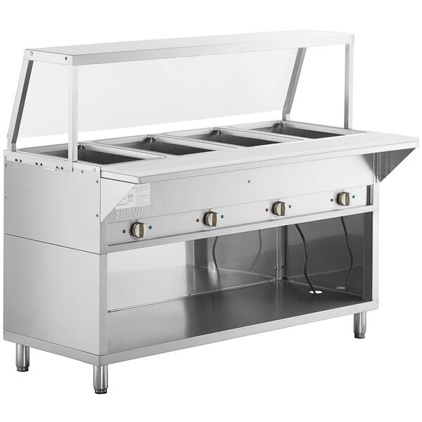 Scratch and Dent ServIt Four Pan Open Well Electric Steam Table with Partially Enclosed Base and Angled Sneeze Guard - 120V, 2000W