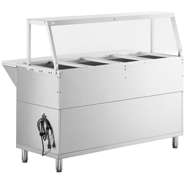 Scratch and Dent ServIt Four Pan Open Well Electric Steam Table with Partially Enclosed Base and Angled Sneeze Guard - 120V, 2000W