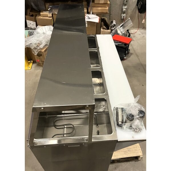 Scratch and Dent ServIt Four Pan Open Well Electric Steam Table with Partially Enclosed Base and Angled Sneeze Guard - 120V, 2000W