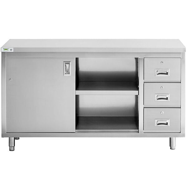 Scratch and Dent Regency 24" x 60" 16 Gauge Type 304 Stainless Steel Enclosed Base Sliding Door Table with Drawers