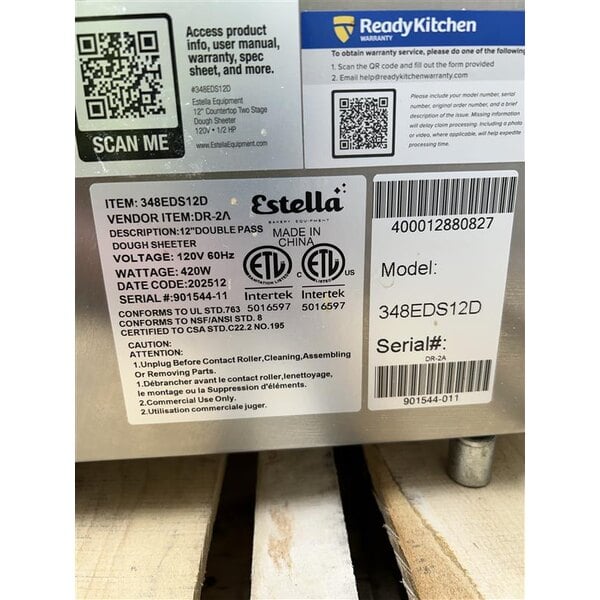 Scratch and Dent Estella EDS12D 12" Countertop Two Stage Dough Sheeter - 120V, 1/2 HP