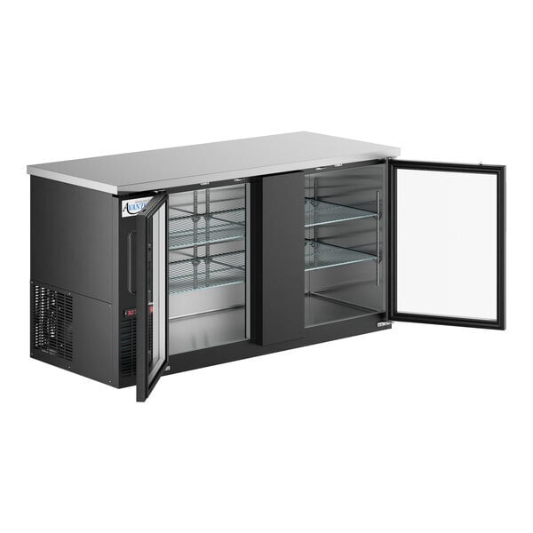 Scratch and Dent Avantco UBB-3G-HC 69" Black Counter Height Glass Door Back Bar Refrigerator with LED Lighting