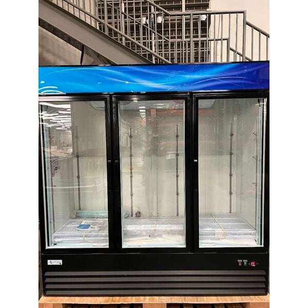 Scratch and Dent Avantco GDC-69-HC 78 1/4" Black Swing Glass Door Merchandiser Refrigerator with LED Lighting