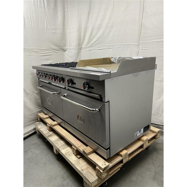 Scratch and Dent Cooking Performance Group S60-G24-L Liquid Propane 6 Burner 60" Range with 24" Griddle and 2 Standard Ovens - 280,000 BTU