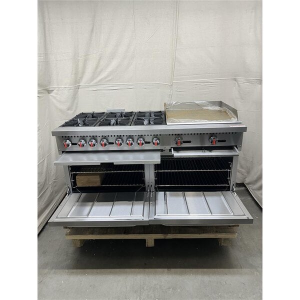 Scratch and Dent Cooking Performance Group S60-G24-L Liquid Propane 6 Burner 60" Range with 24" Griddle and 2 Standard Ovens - 280,000 BTU
