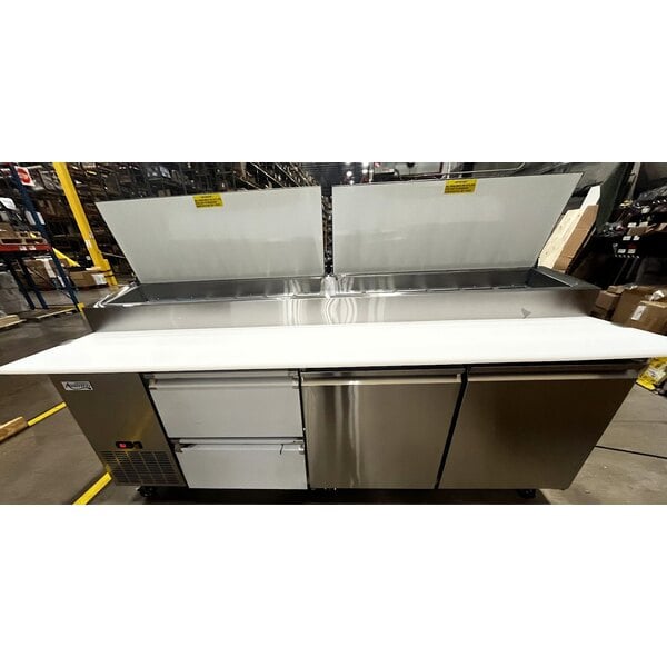 Scratch and Dent Avantco SSPPT-3I 94" 2 Door Refrigerated Pizza Prep Table with 2 Drawers