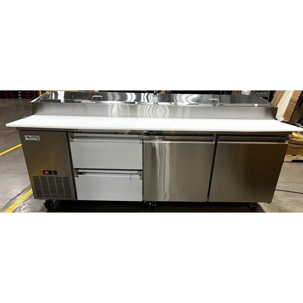 Scratch and Dent Avantco SSPPT-3I 94" 2 Door Refrigerated Pizza Prep Table with 2 Drawers