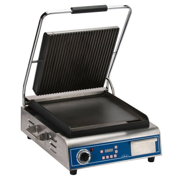 Scratch and Dent Globe GPGS14D Deluxe Panini Grill with Grooved Top and Smooth Bottom - 120V, 1800W