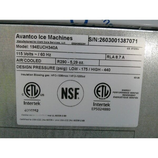 Scratch and Dent Avantco Ice Diamond EUC-H-340-A Air-Cooled Undercounter Half Cube Ice Machine with 99 lb. Storage Bin - 342 lb., 115V