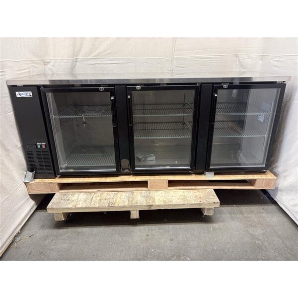 Scratch and Dent Avantco UBB-4G-HC 90" Black Counter Height Glass Door Back Bar Refrigerator with LED Lighting