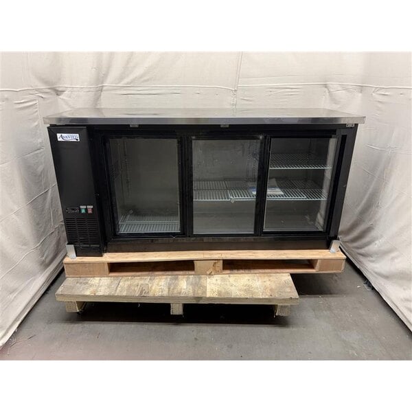 Scratch and Dent Avantco UBB-72S-HC 73" Black Counter Height Narrow Sliding Glass Door Back Bar Refrigerator with LED Lighting