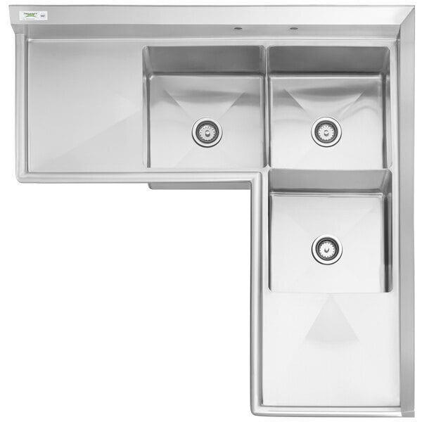 Scratch and Dent Regency 57" Three Compartment Commercial Corner Sink with Two 18" Drainboards