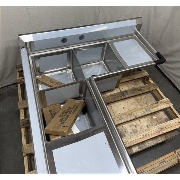 Scratch and Dent Regency 57" Three Compartment Commercial Corner Sink with Two 18" Drainboards