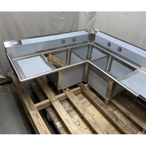 Scratch and Dent Regency 57" Three Compartment Commercial Corner Sink with Two 18" Drainboards