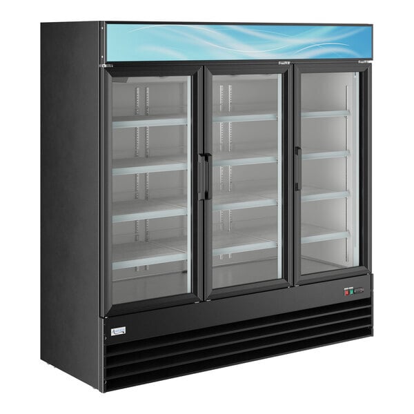 Scratch and Dent Avantco GDC-69-HC 78 1/4" Black Swing Glass Door Merchandiser Refrigerator with LED Lighting