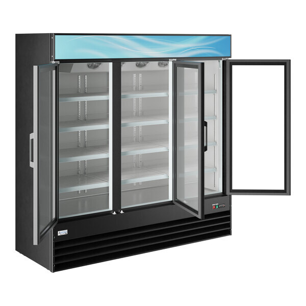 Scratch and Dent Avantco GDC-69-HC 78 1/4" Black Swing Glass Door Merchandiser Refrigerator with LED Lighting