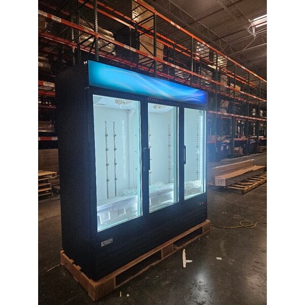 Scratch and Dent Avantco GDC-69-HC 78 1/4" Black Swing Glass Door Merchandiser Refrigerator with LED Lighting