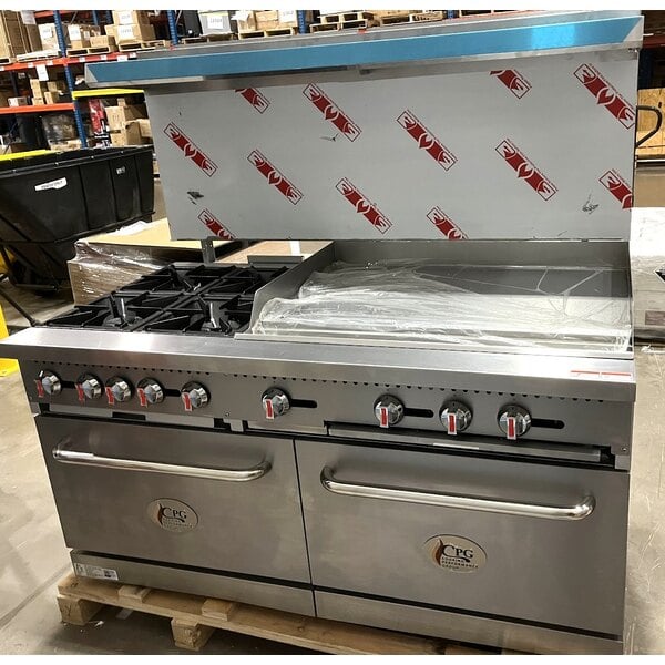 Scratch and Dent Cooking Performance Group S60-G36-L Liquid Propane 4 Burner 60" Range with 36" Griddle and 2 Standard Ovens - 240,000 BTU