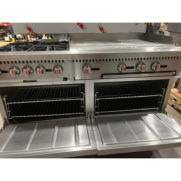 Scratch and Dent Cooking Performance Group S60-G36-L Liquid Propane 4 Burner 60" Range with 36" Griddle and 2 Standard Ovens - 240,000 BTU