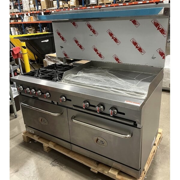 Scratch and Dent Cooking Performance Group S60-G36-L Liquid Propane 4 Burner 60" Range with 36" Griddle and 2 Standard Ovens - 240,000 BTU