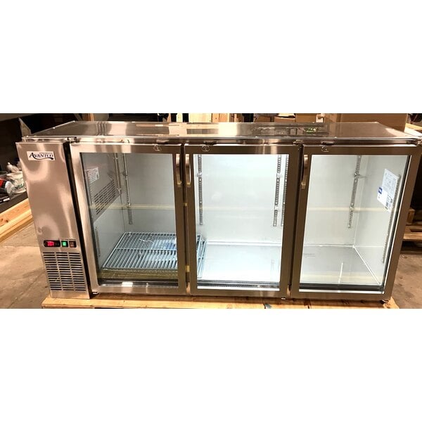 Scratch and Dent Avantco UBB-72-GT-G-S 73" Stainless Steel Underbar Height Narrow Glass Door Back Bar Refrigerator with Galvanized Top and LED Lighting