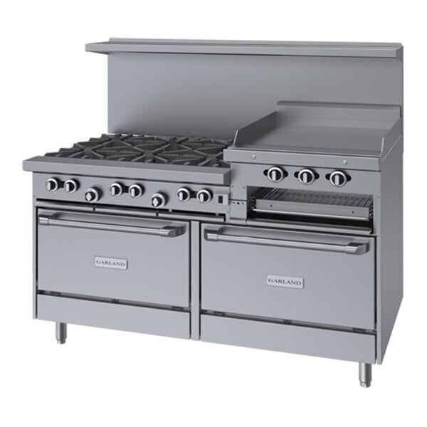 Scratch and Dent Garland G60-6R24CR Natural Gas 6 Burner 60" Range with 24" Raised Griddle / Broiler, 1 Standard Oven, and 1 Convection Oven - 307,000 BTU