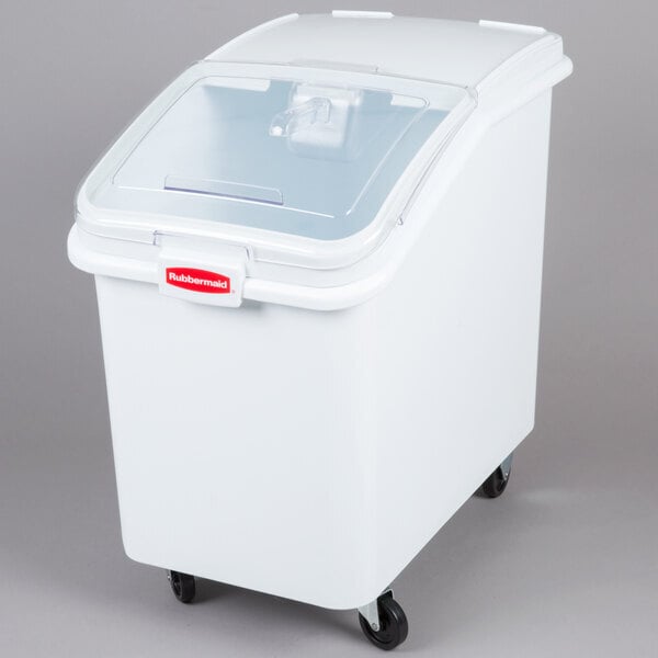 Scratch and Dent Rubbermaid® FG360388WHT ProSave 30.8 Gallon / 490 Cup White Slant Top Mobile Ingredient Storage Bin with Sliding Lid & Scoop