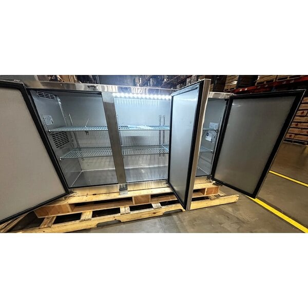 Scratch and Dent Avantco UBB-72-GT-S 73" Stainless Steel Underbar Height Narrow Solid Door Back Bar Refrigerator with Galvanized Top and LED Lighting